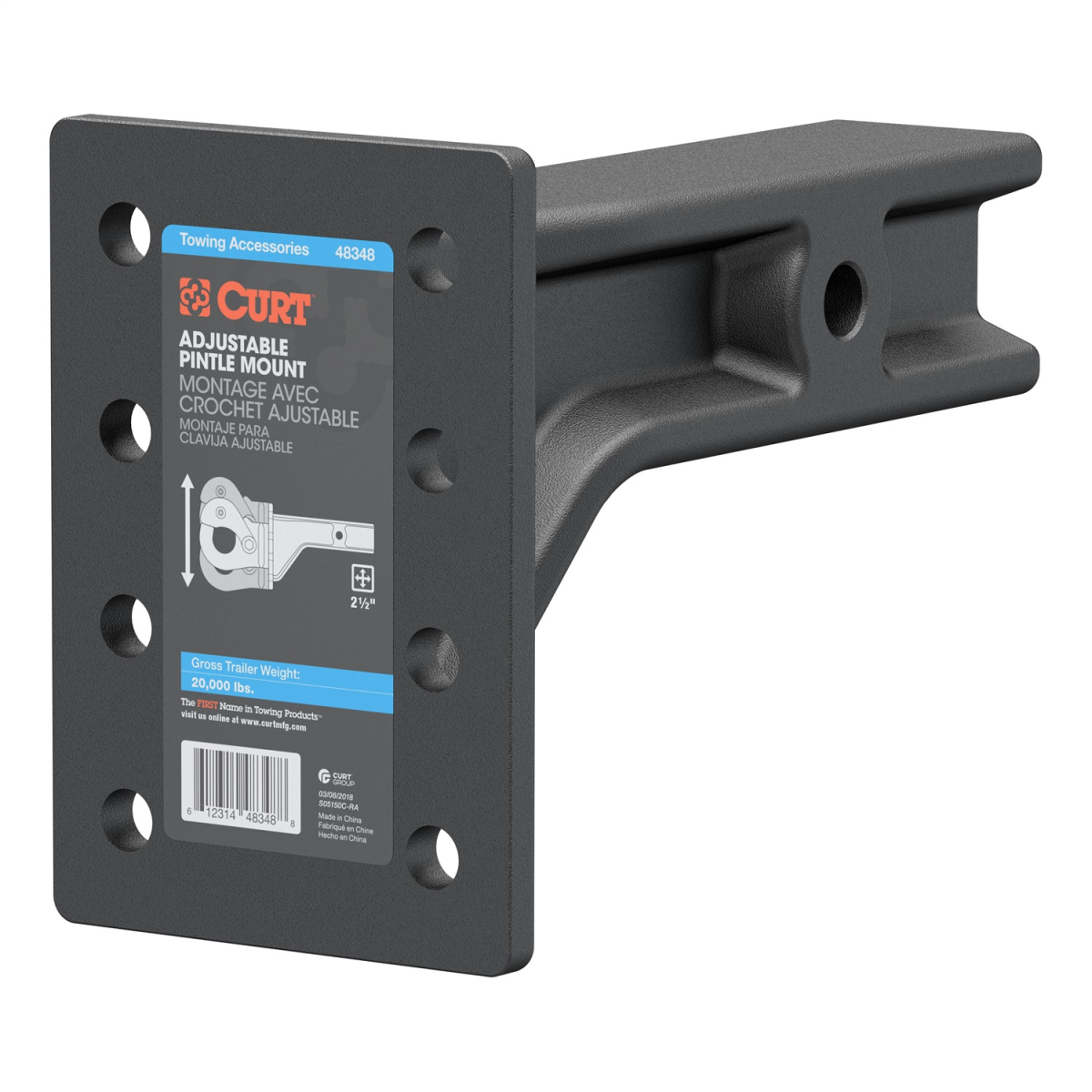 CURT - Adjustable Pintle Mount (2-1/2" Shank, 20,000 lbs., 7-1/4" High, 10-3/4" Long)