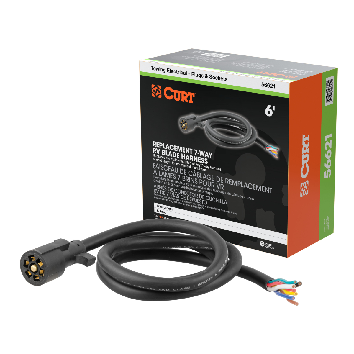 CURT - CURT 56621 Replacement 7-Pin RV Blade 7-Way Trailer Wiring Harness Plug, 6-Foot Blunt-Cut Wires, Boxed