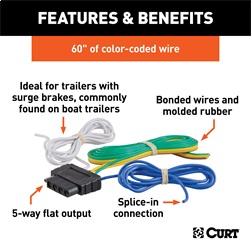 CURT - 5-Way Flat Connector Socket with 60" Wires (Vehicle Side, Packaged)