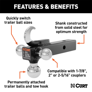 CURT - CURT 45675 Multi-Ball Mount with Hook (2" Solid Shank, 1-7/8", 2" & 2-5/16" Chrome Balls) - Image 3