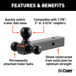 CURT - CURT 45650 Multi-Ball Mount (2" Solid Shank, 1-7/8", 2" & 2-5/16" Black Balls) - Image 2