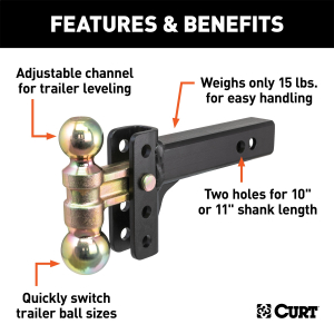 CURT - CURT 45903 Slim Adjustable Channel Mount with Dual Ball (2" Shank, 10K, 3-3/4" Drop) - Image 2