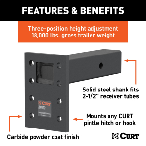 CURT - Adjustable Pintle Mount (2-1/2" Shank, 18,000 lbs., 7" High, 8" Long) - Image 3